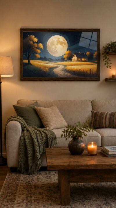 Beneath a vast luminous full moon, a golden field and a glowing cottage rest in the deep blue calm of a country night.