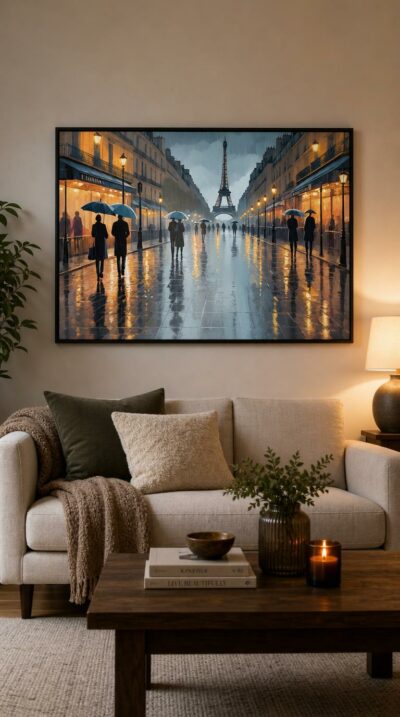 A rain-slicked Parisian avenue glows at dusk, silhouettes drifting beneath umbrellas as the Eiffel Tower rises through a veil of soft, golden light.