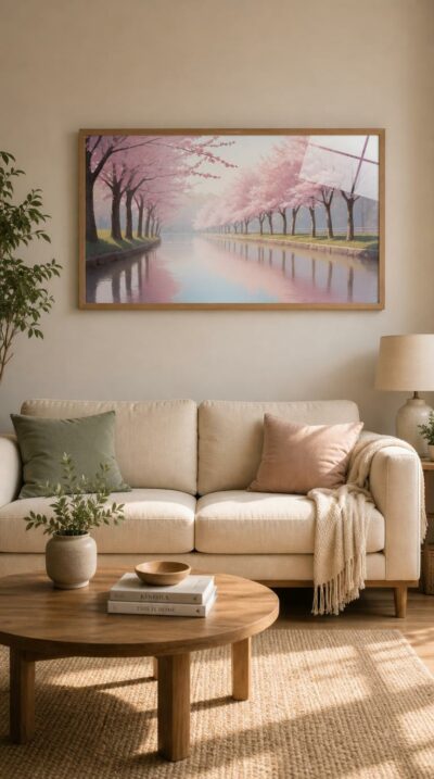 A double row of cherry trees in full bloom leans over a quiet river, their pink canopy mirrored in still, pastel water.