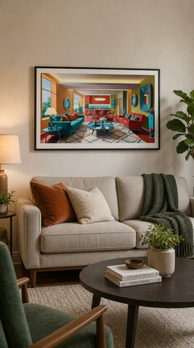 A sunlit mid-century living room glows with teal and crimson furniture, atomic-disc wall art and chrome accents, dreaming the future as the past once imagined it.