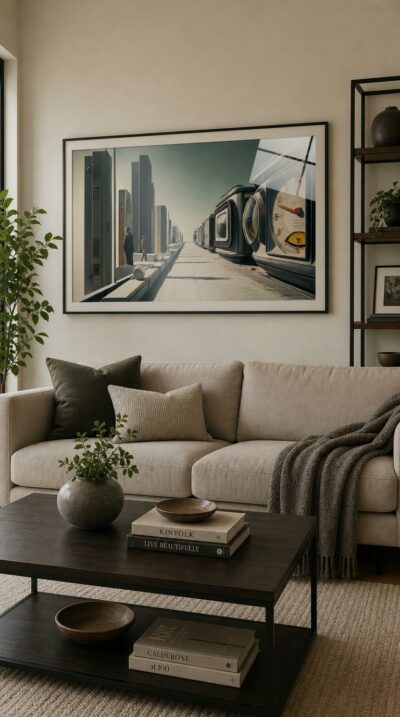 Along a sunlit promenade, two figures in dark suits pause before rows of streamlined machines and a giant clock, where tomorrow's dreams already feel like memory.