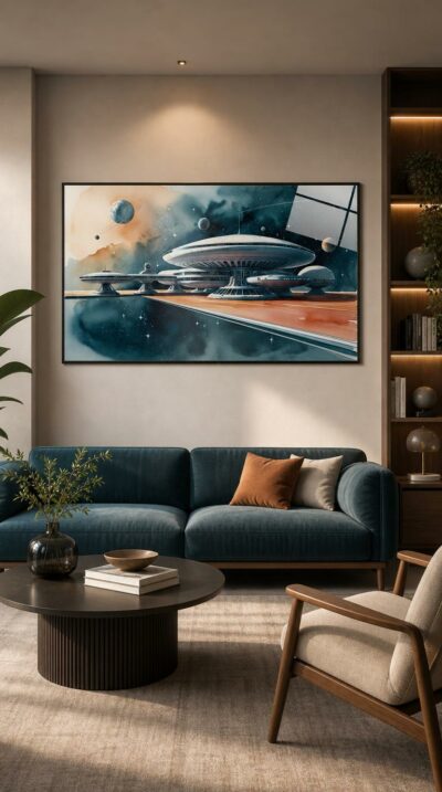 A serene watercolor vision of a sleek space station drifting past pastel planets, where mid-century optimism reaches calmly toward the stars.