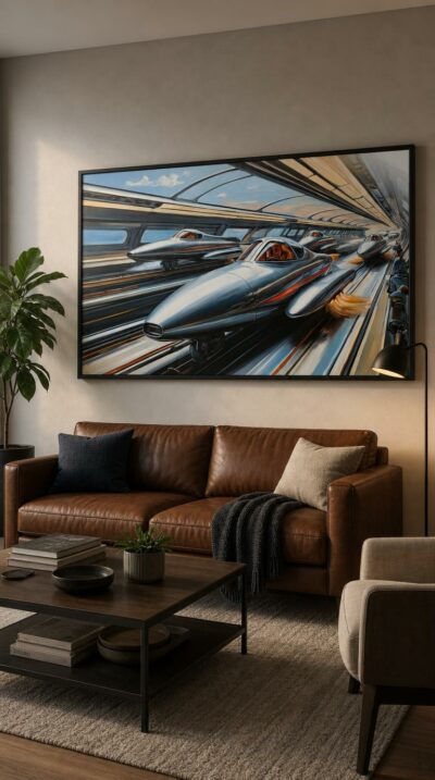 Chrome teardrop vehicles streak through a glass-vaulted corridor, their speed dissolving the world into ribbons of light and motion.