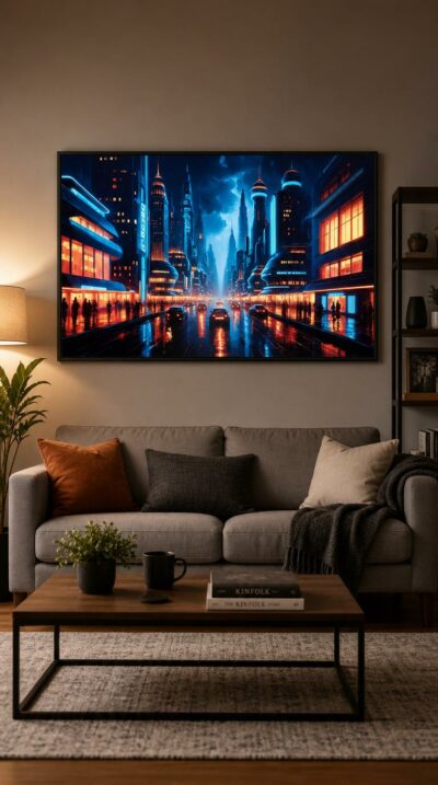 A rain-slicked future city glows under electric blue and molten orange neon, where sleek towers and streaming traffic blur the line between yesterday's dream and tomorrow.