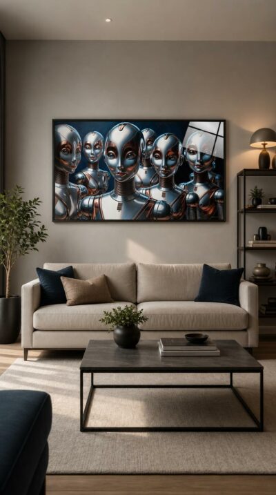 A group of chrome-skinned female robots gazes outward with serene, almost human poise, their polished faces glowing copper and silver against deep midnight blue.