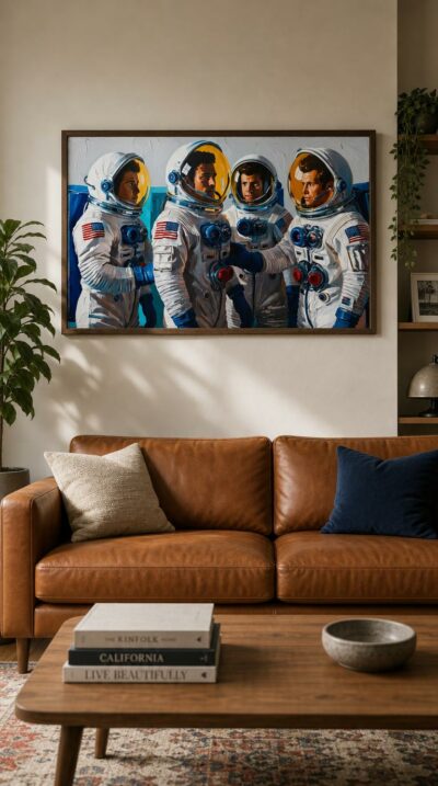 Four astronauts in gleaming white suits and golden visors stand close in quiet conference, poised on the edge of a bold new mission.