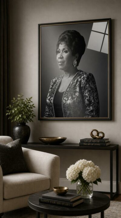 A luminous black-and-white studio portrait of a poised legendary woman, gazing aside with quiet command in shimmering brocade and dramatic chiaroscuro.