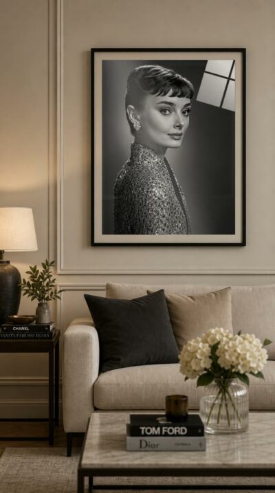A luminous black-and-white studio portrait of Audrey Hepburn, poised in profile, her gaze tender and knowing beneath a crown of soft Hollywood light.