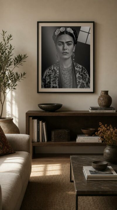 A serene, unflinching black-and-white portrait of Frida Kahlo crowned with white roses, gazing straight ahead with quiet, regal composure.