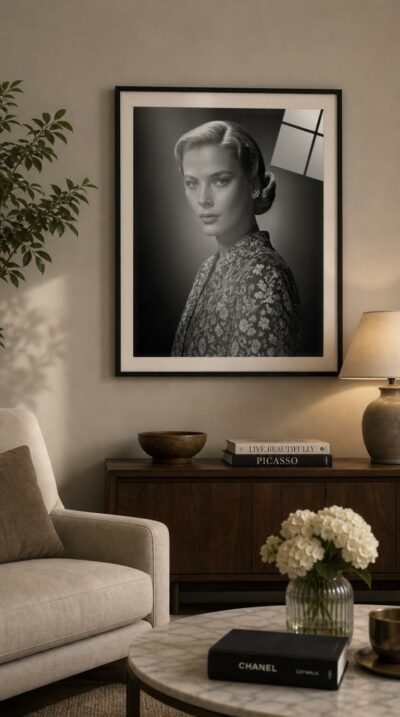 A luminous black-and-white studio portrait of a poised blonde woman, her gaze serene and refined, framed in the timeless Hollywood glamour of the golden age.