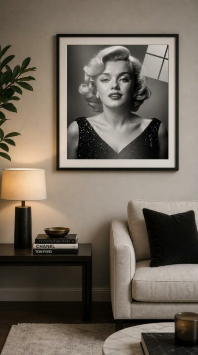 A luminous black-and-white studio portrait of a platinum-blonde screen icon, her parted lips and steady gaze radiating mid-century Hollywood glamour.