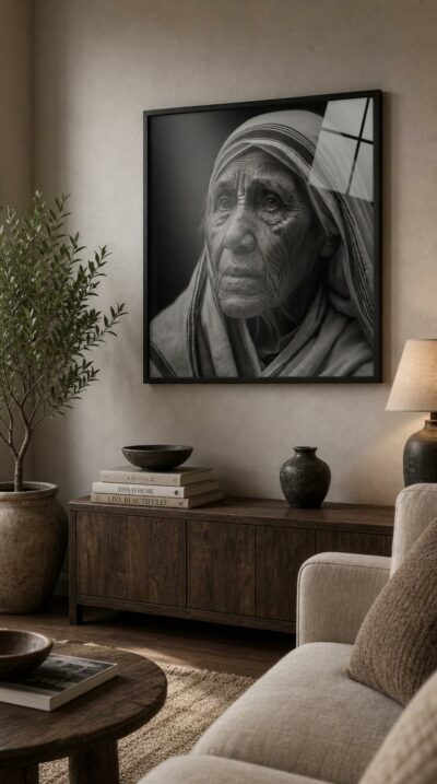 A close black-and-white portrait of an elderly woman in a striped veil, her lined face turned toward a soft, distant light with quiet resolve.