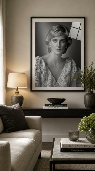 A luminous black-and-white studio portrait of Princess Diana, poised and composed, her lace gown and soft gaze rendered in timeless Harcourt elegance.