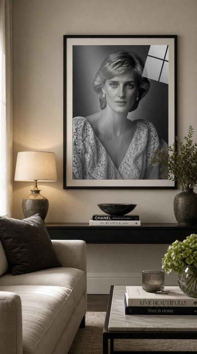 A luminous black-and-white studio portrait of Princess Diana, poised and composed, her lace gown and soft gaze rendered in timeless Harcourt elegance.