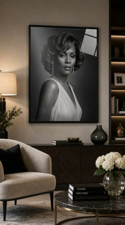 A luminous black-and-white studio portrait of Whitney Houston, her poised gaze and gentle strength rendered with timeless, sculptural grace.