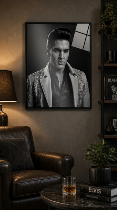A dramatic black-and-white portrait of Elvis Presley, hair swept high, gaze steady, his rhinestone-studded jacket catching the studio light.