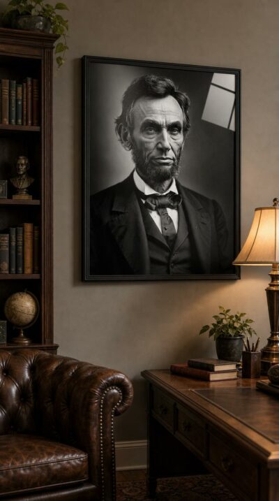 A black-and-white portrait of Abraham Lincoln, every line of his weathered face holding the weight of conviction and quiet resolve.