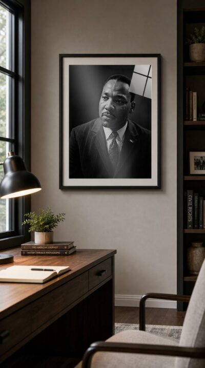 A commanding black-and-white portrait of a pinstriped statesman, his gaze steady and resolute against a deep shadowed ground.