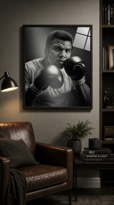 A fierce black-and-white portrait of Muhammad Ali in a guarded stance, gloves raised, his gaze burning with quiet, unshakeable resolve.