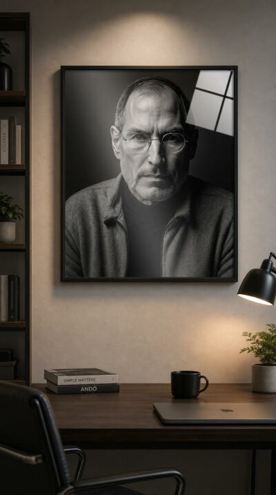 A black-and-white portrait of a visionary in round wire glasses, his steady gaze emerging from deep shadow with quiet, unshakable intensity.