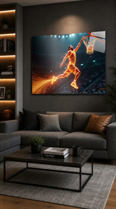 A basketball player rises mid-dunk, his leap traced in glowing rivers of light, the ball blazing in the net above a roaring arena.