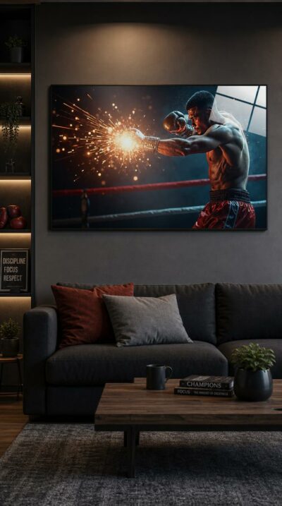 A boxer drives a punch into a bursting star of light, sparks scattering across the dark ring as raw power becomes visible energy.