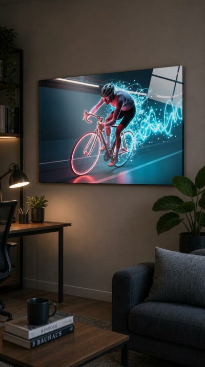A cyclist hurtles through a darkened velodrome, their speed unraveling into ribbons of neon light that coil and shimmer in their wake.
