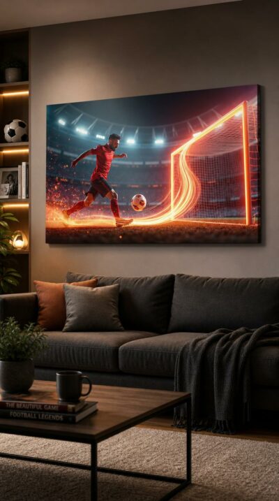 A footballer connects with the ball in a stadium night, his kick trailing arcs of molten light toward the glowing goal.