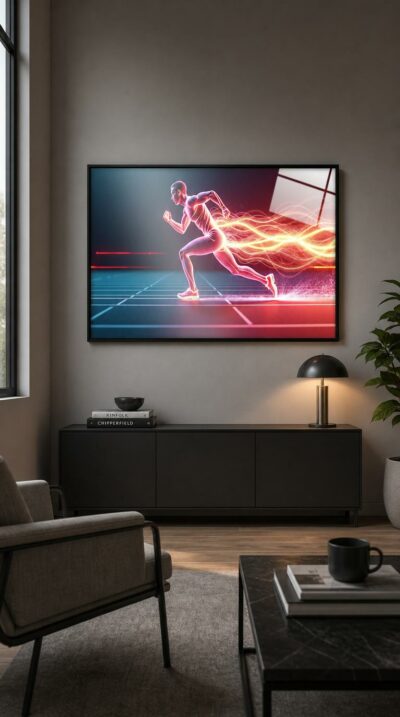 A sprinter caught mid-stride dissolves into ribbons of glowing light, his momentum streaming across a darkened track like pure speed made visible.