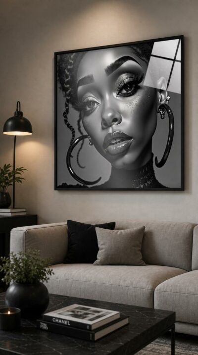 A glossy monochrome portrait crowned with oversized hoops and braids, where hyperrealistic detail meets a sly wink of caricature elegance.