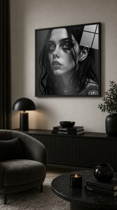 A brooding black-and-white portrait of a young woman, dark glittered eyes catching the light, gazing skyward with quiet intensity.