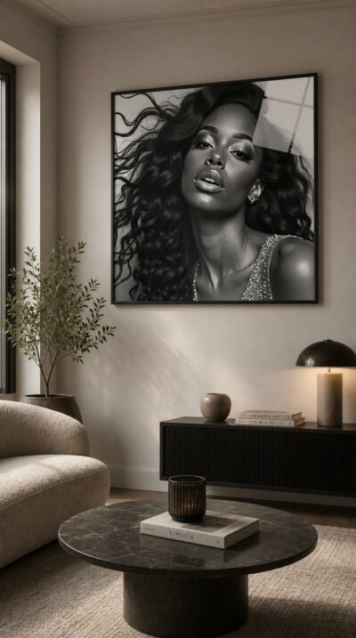 A hyperrealistic black-and-white portrait of a luminous woman, hair streaming in the wind, her gaze poised between glamour and grace.