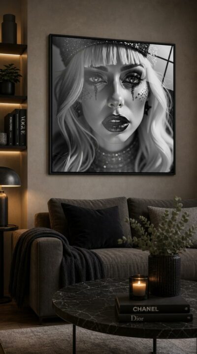 A platinum-haired diva gazes out in glossy black and white, glitter streaming like tears beneath her eyes and lips lacquered in deepest black.