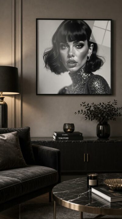A striking black-and-white portrait of a poised young woman with a glossy bob, dramatic lashes and a sequined collar, gazing with cool, magnetic confidence.