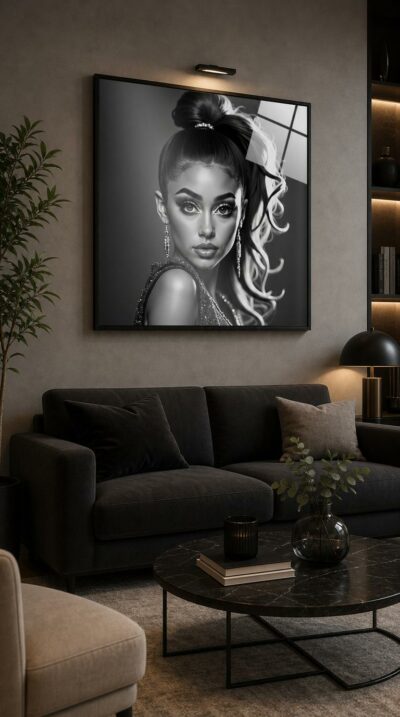 A luminous black-and-white portrait of a poised young woman with sculpted brows and a swept-back ponytail, gazing back with quiet, glamorous command.