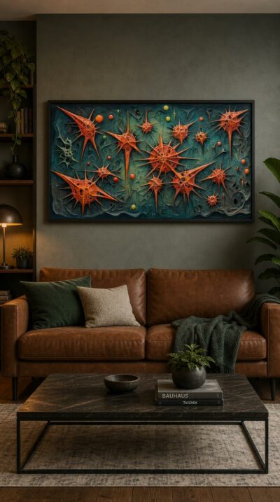 Spiny, star-like organic forms drift across a deep teal field, scattered with luminous orange and green orbs in a microscopic dance of life.