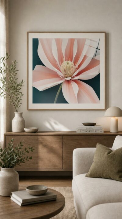 A single blossom opens in soft coral and ivory, its petals unfurling like silk around a luminous crown of pale stamens.