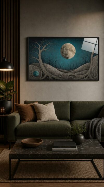 Beneath a luminous full moon, bare trees and rolling hills weave together in pale, vein-like patterns against a deep teal night.