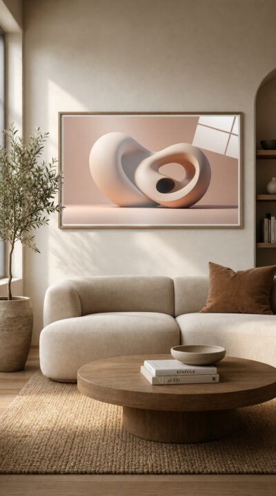 A single sculptural form folds and loops upon itself in warm cream and apricot tones, breathing quietly against a soft rose backdrop.