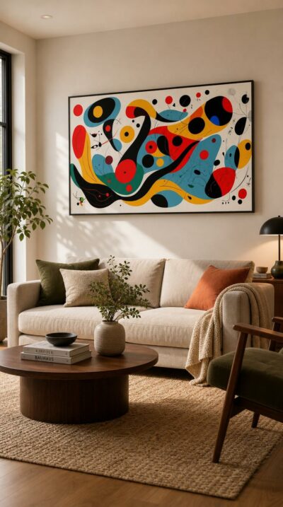 Vibrant biomorphic shapes drift and curl across a pale field, red orbs and black ribbons dancing to a playful, mysterious rhythm.