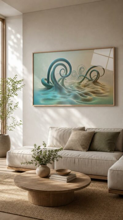 Coiling teal tendrils rise like ancient ferns from soft rolling dunes, spiraling into a luminous haze where life seems to dream itself into being.