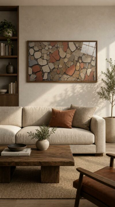 A mosaic of smooth, rounded stones in clay reds and warm sandy beiges, packed tight like a living wall pulsing with hidden energy.
