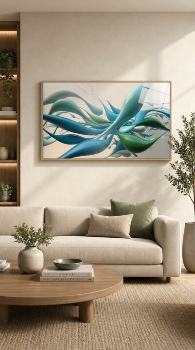 Smooth ribbons of blue and green flow and spiral like water in motion, an elegant dance of organic forms against a soft ivory light.