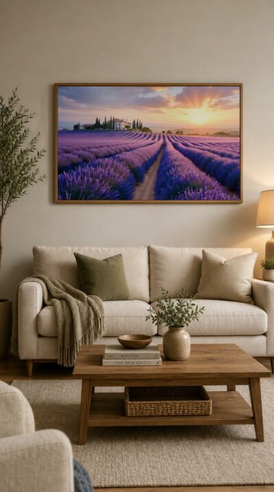 Rows of blooming lavender ripple toward a Provençal farmhouse as a golden sunrise breaks through soft violet clouds.