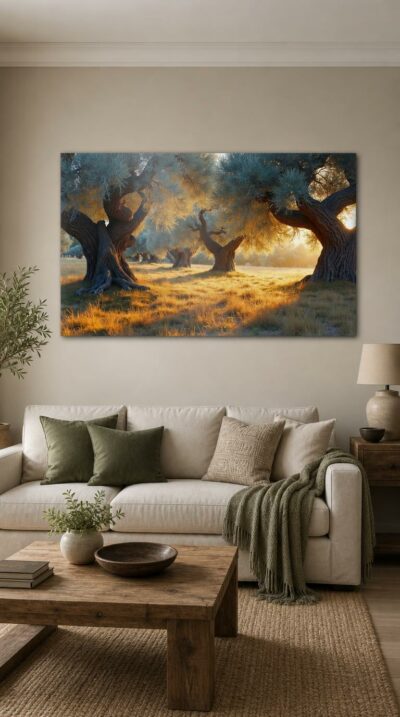 Ancient olive trees with twisted trunks glow under a low golden sun, their silvered leaves shimmering above grasses warmed to amber.