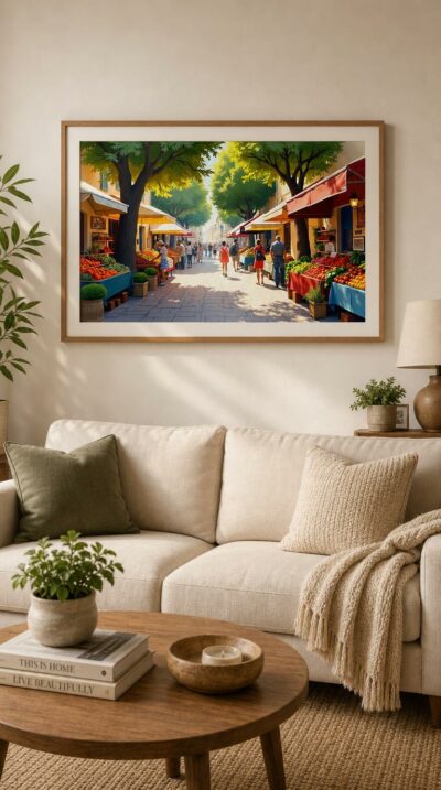A sun-dappled Arlesian street market, awnings glowing and stalls heaped with bright produce as locals stroll beneath the plane trees.
