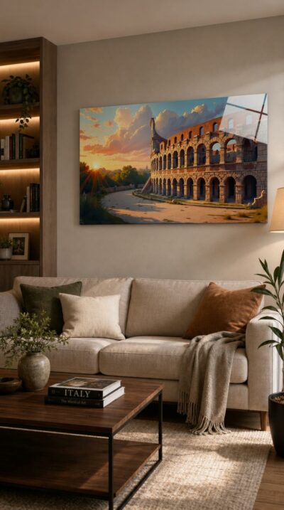 The Roman arena of Arles catches the last gold of evening, its weathered arches glowing while the sun fans soft rays across a hushed, empty path.