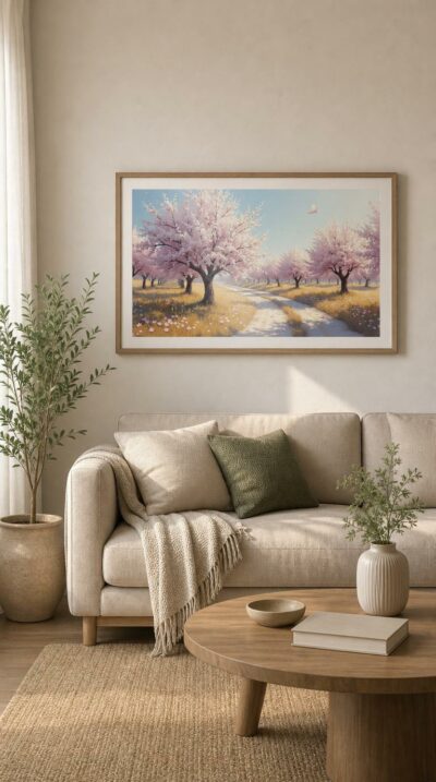 A sunlit orchard of almond trees in full pink bloom, where a soft path winds between blossoming canopies and petals drift on a clear spring sky.