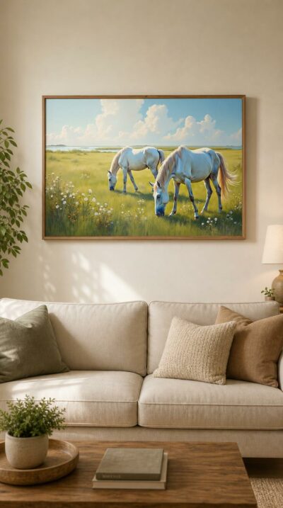 Two white Camargue horses graze in a sunlit coastal meadow strewn with daisies, the lagoon shimmering behind them under a soft, cloud-drifted sky.