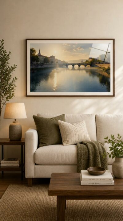 At golden hour, an old stone bridge arches across the still Rhône, mirroring honeyed light and the soft silhouettes of a Provençal town in mist.